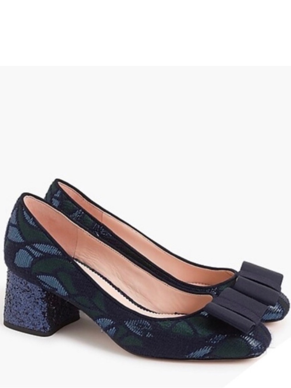 J. Crew s6 “Celia” Lo Heel PumpsNavy and Green Jacquard w/Grosgrain Bow-look NEW
